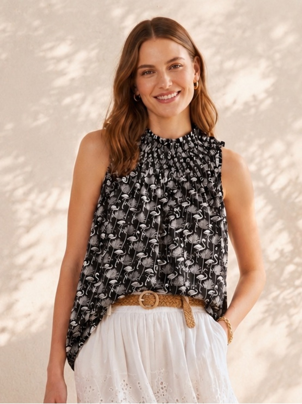 Mock Neck Black and White Flamingo Blouse XL Loft